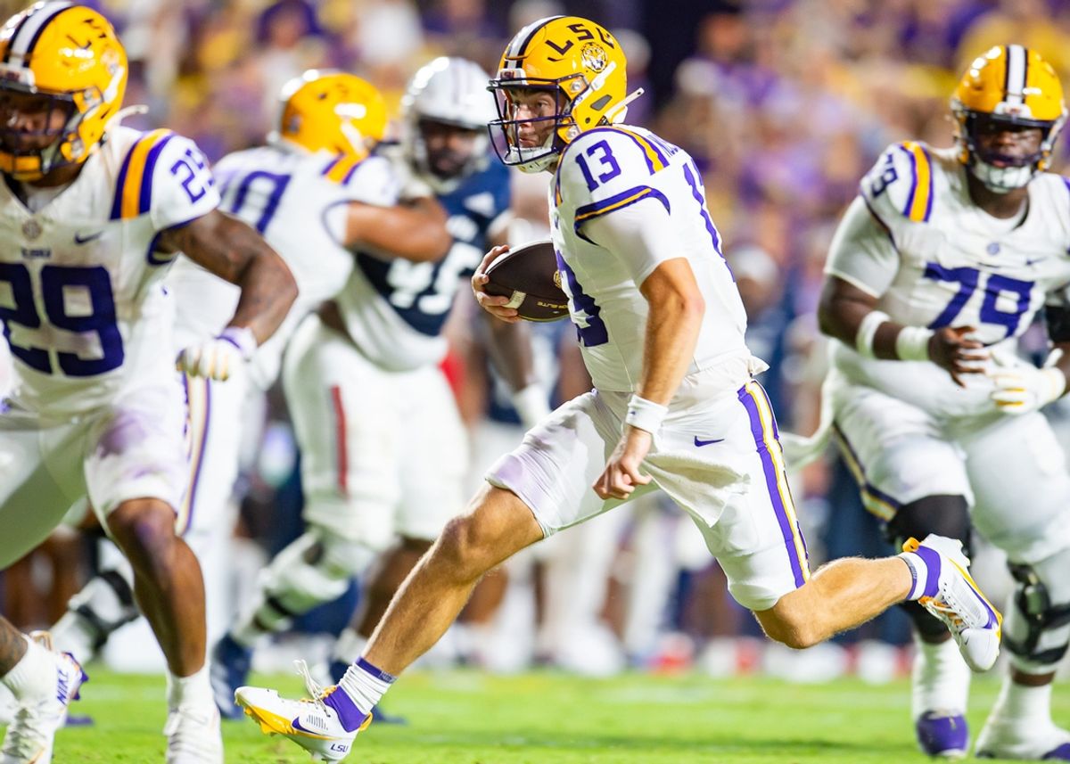 Tigers quarterback Garrett Nussmeier 13 scores a touchdown as the LSU Tigers take on the South Alabama Jaguars at Tiger Stadium in Baton Rouge, La. Saturday, Sept. 28, 2024.