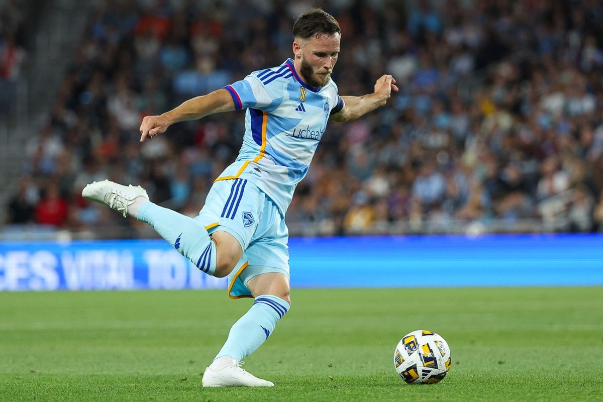 Sep 28, 2024; Saint Paul, Minnesota, USA; Colorado Rapids defender Keegan Rosenberry (2) passes the ball during the first half against Minnesota United at Allianz Field. Mandatory Credit: Matt Krohn-Imagn Images