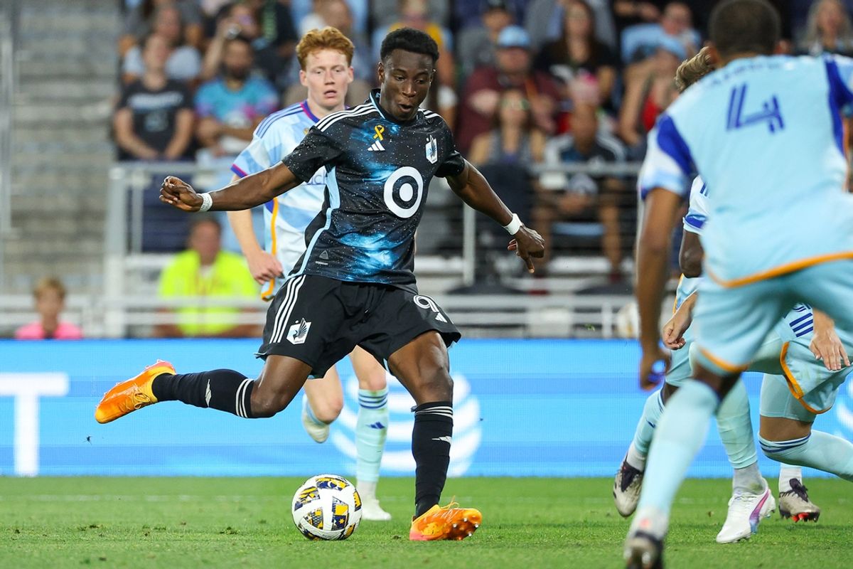 Sep 28, 2024; Saint Paul, Minnesota, USA; Minnesota United forward Kelvin Yeboah (9) scores a goal against the Colorado Rapids during the second half at Allianz Field. Mandatory Credit: Matt Krohn-Imagn Images