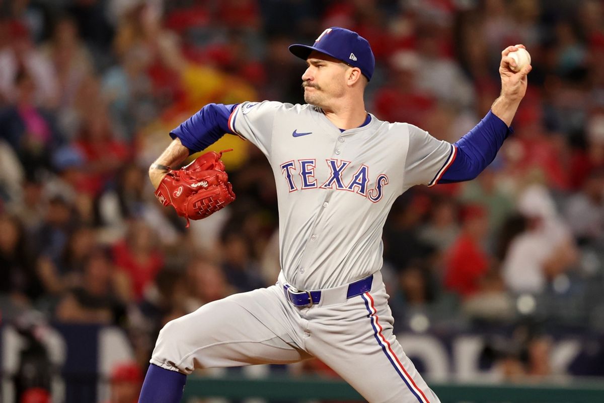 Sep 28, 2024; Anaheim, California, USA;  Texas Rangers starting pitcher Andrew Heaney (44) pitches during the first inning against the Los Angeles Angels at Angel Stadium. Mandatory Credit: Kiyoshi Mio-Imagn Images