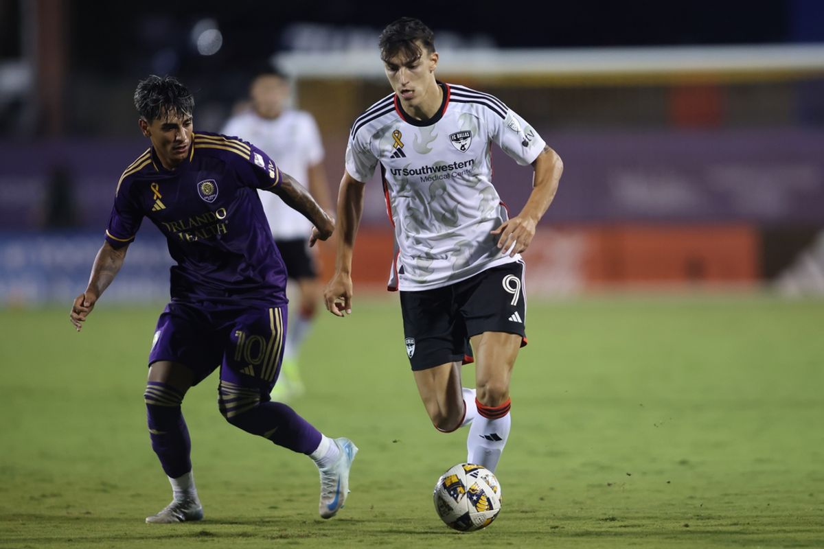 Sep 28, 2024; Frisco, Texas, USA;  FC Dallas forward Petar Musa (9) controls the ball against Orlando City forward Facundo Torres (10) in the second half at Toyota Stadium. Mandatory Credit: Tim Heitman-Imagn Images
