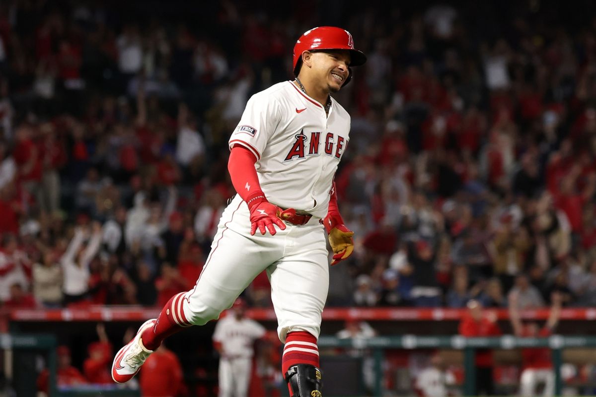 Sep 28, 2024; Anaheim, California, USA;  Los Angeles Angels right fielder Gustavo Campero (51) reacts after hitting a home run during the third inning against the Texas Rangers at Angel Stadium. Mandatory Credit: Kiyoshi Mio-Imagn Images
