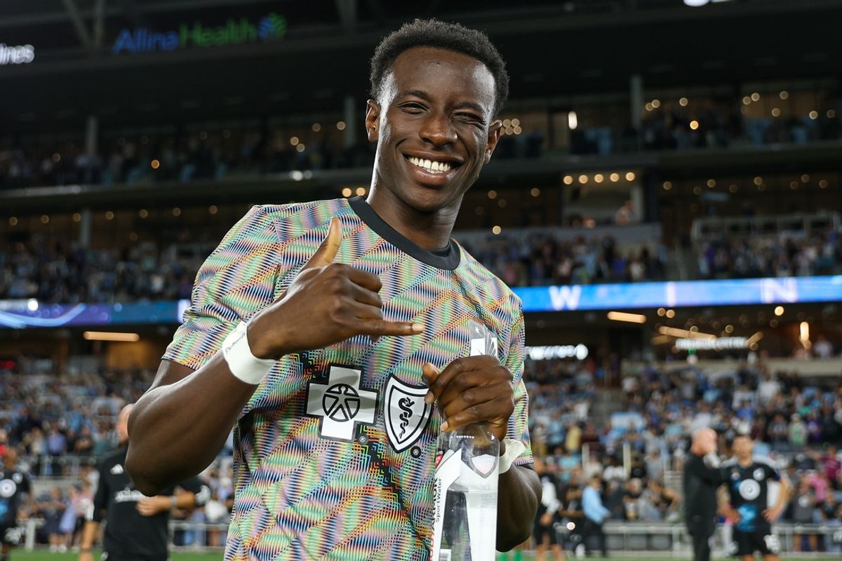 Sep 28, 2024; Saint Paul, Minnesota, USA; Minnesota United forward Kelvin Yeboah (9) celebrates his teams win after the game against the Colorado Rapids at Allianz Field. Mandatory Credit: Matt Krohn-Imagn Images