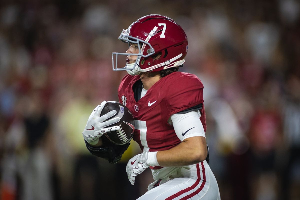 Sep 28, 2024; Tuscaloosa, Alabama, USA; Alabama Crimson Tide wide receiver Cole Adams (7) runs against the Georgia Bulldogs during the fourth quarter at Bryant-Denny Stadium. Mandatory Credit: Will McLelland-Imagn Images