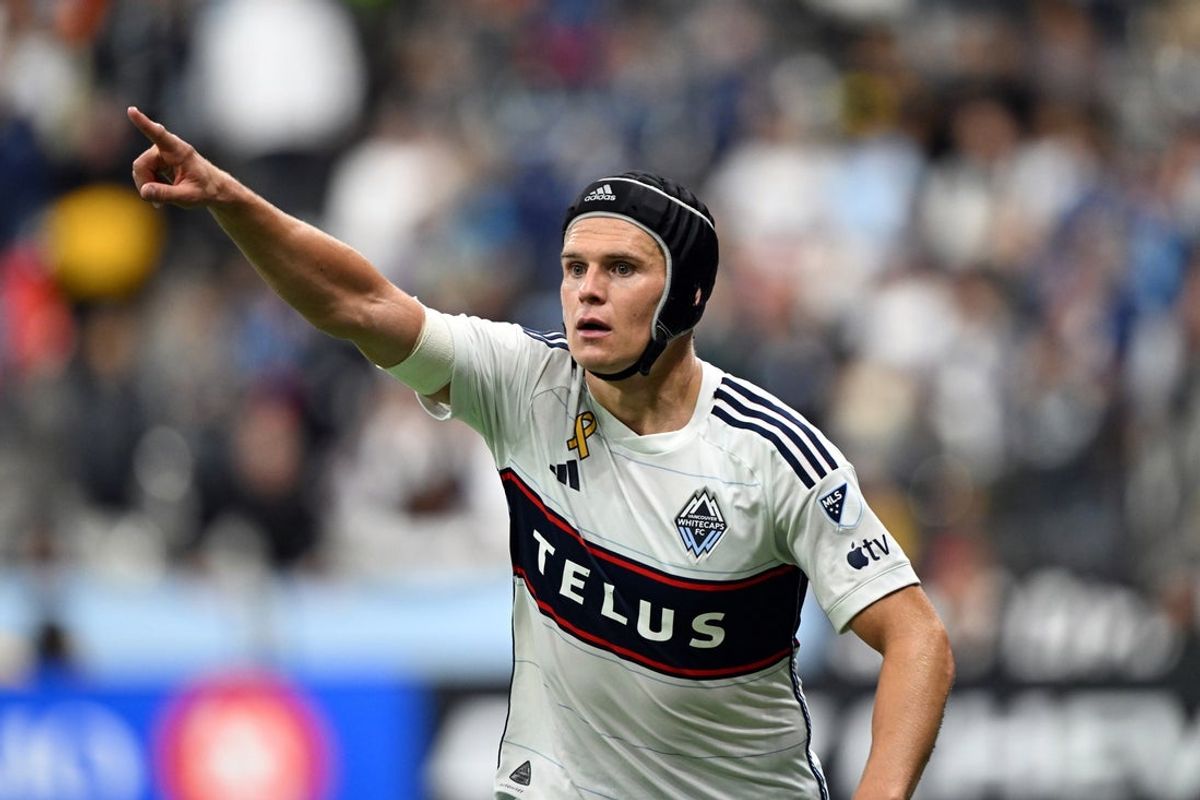 Sep 28, 2024; Vancouver, British Columbia, CAN; Vancouver Whitecaps FC defender Bjorn Utvik (15) reacts in the second half against the Portland Timbers at BC Place. Mandatory Credit: Anne-Marie Sorvin-Imagn Images