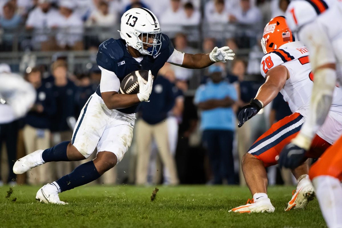 Penn State running back Kaytron Allen (13) carries the ball in the fourth quarter of a Big Ten football game against Illinois, Saturday, Sept. 28, 2024, in State College, Pa.