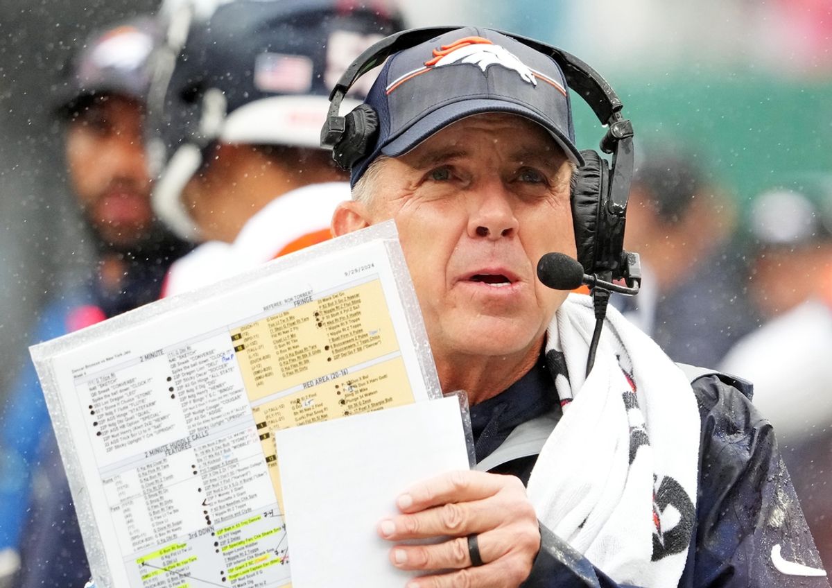 Sep 29, 2024; East Rutherford, New Jersey, USA;  Denver Broncos head coach Sean Payton looks on from the sidelines during the game against the New York Jets at MetLife Stadium. Mandatory Credit: Robert Deutsch-Imagn Images