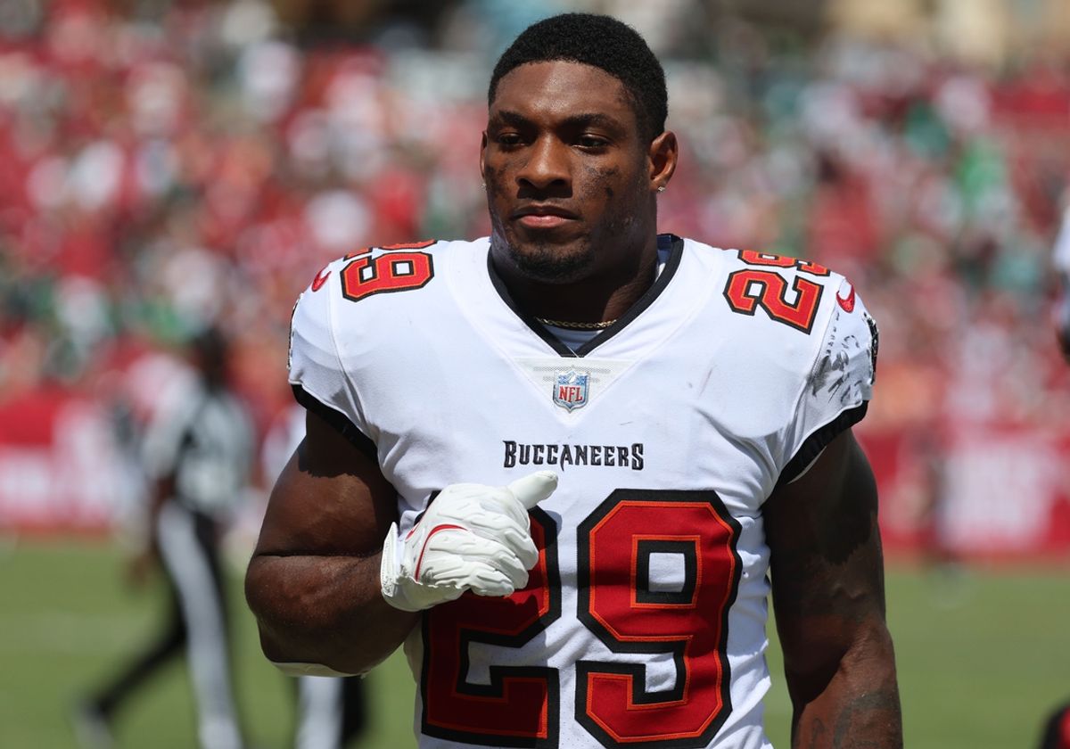 Sep 29, 2024; Tampa, Florida, USA; Tampa Bay Buccaneers safety Christian Izien (29) against the Philadelphia Eagles during the first half at Raymond James Stadium. Mandatory Credit: Kim Klement Neitzel-Imagn Images