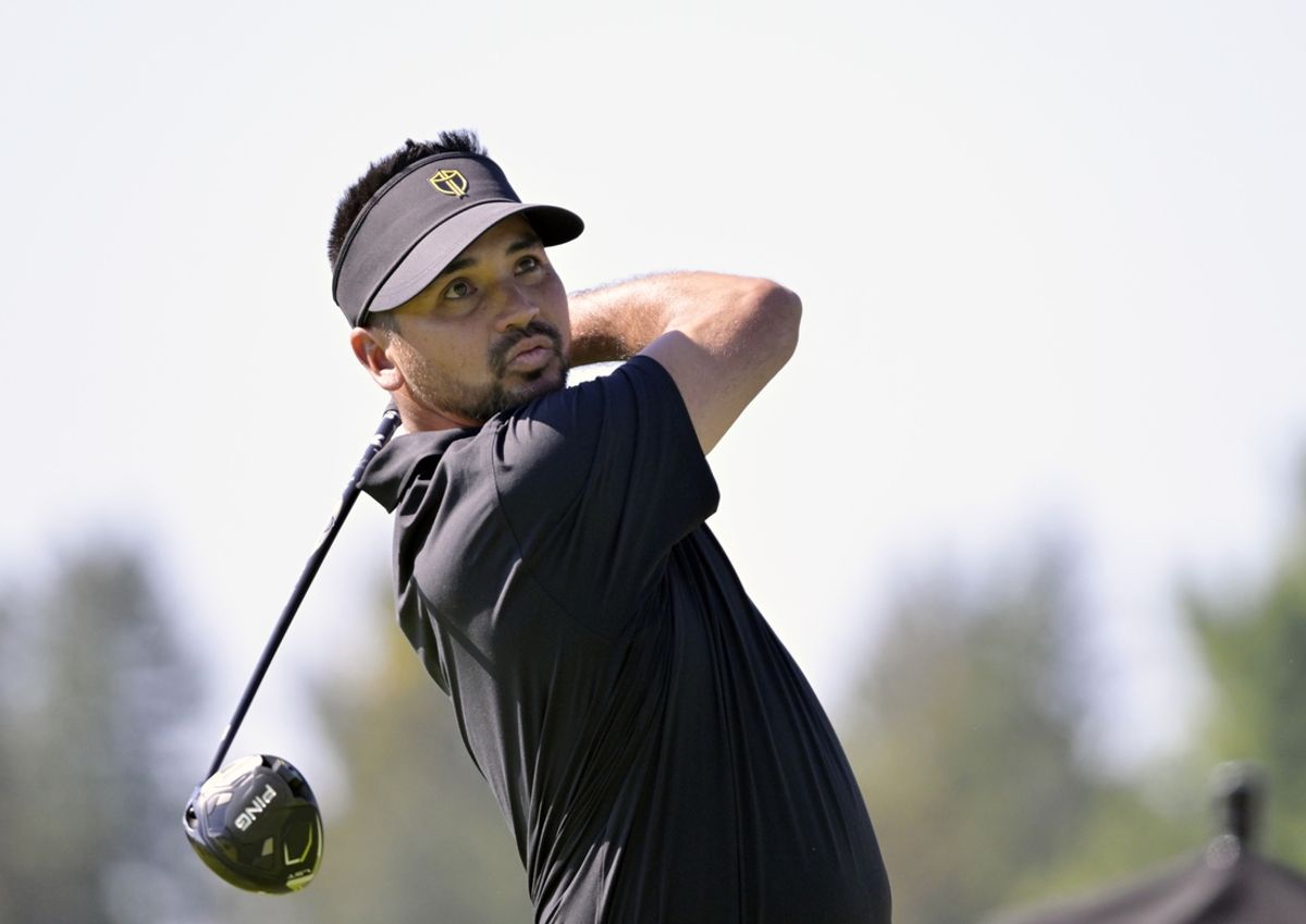 Sep 29, 2024; Ile Bizard, Quebec, CAN; Jason Day of the International team on the tee of the second hole in singles match during the final round of The Presidents Cup golf tournament. Mandatory Credit: Eric Bolte-Imagn Images