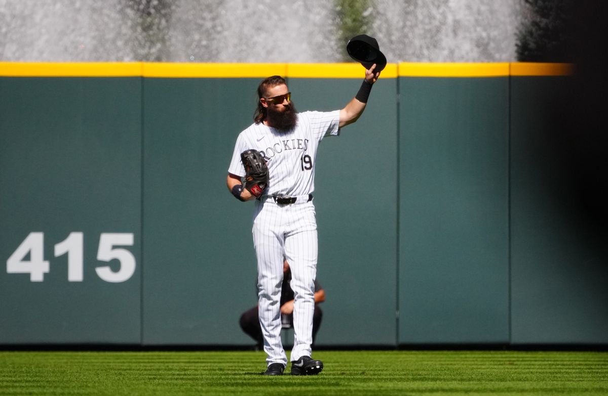 Sep 29, 2024; Denver, Colorado, USA; Colorado Rockies center fielder Charlie Blackmon (19) waves to the crowd in the first inning against the Los Angeles Dodgers at Coors Field. Mandatory Credit: Ron Chenoy-Imagn Images