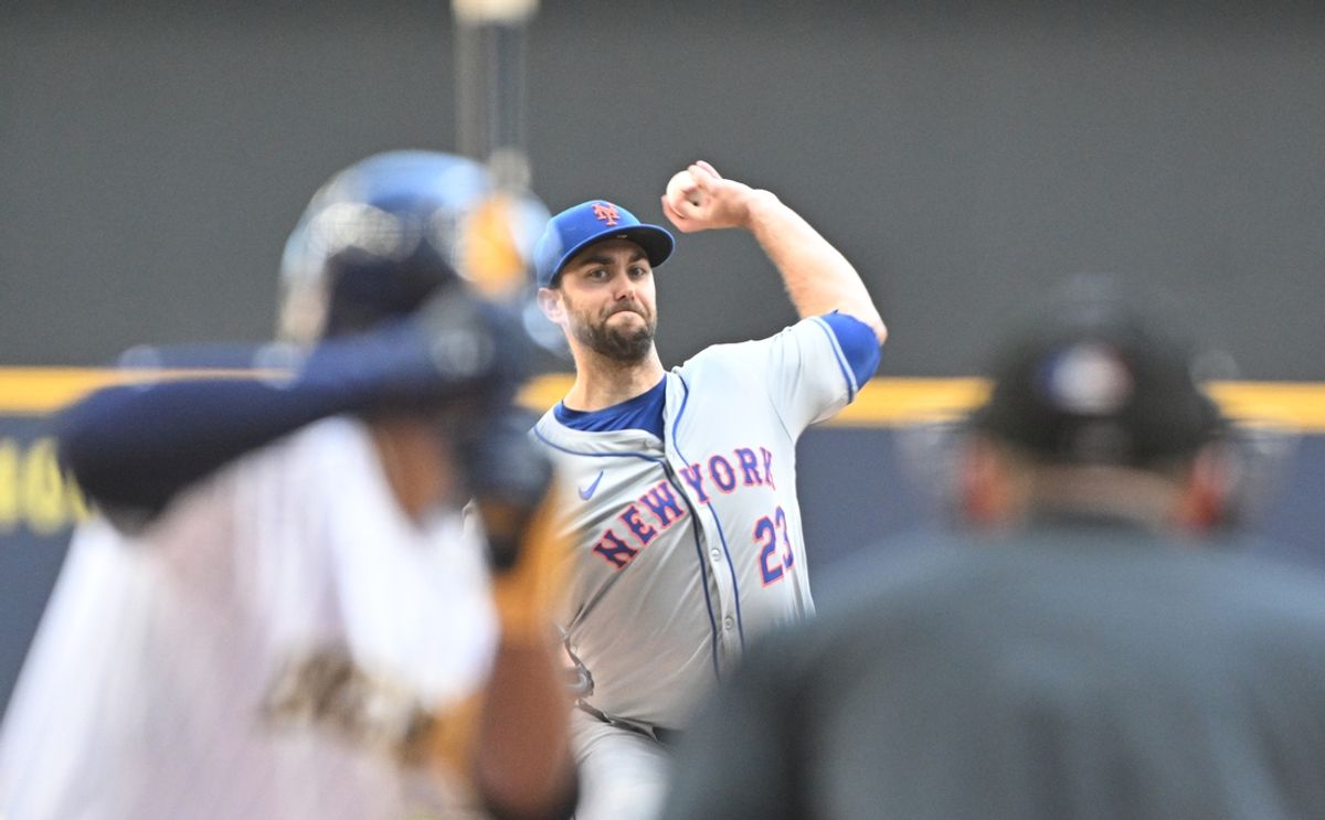 Sep 29, 2024; Milwaukee, Wisconsin, USA;New York Mets pitcher David Peterson (23) delivers a pitch against the Milwaukee Brewers in the first inning at American Family Field. Mandatory Credit: Michael McLoone-Imagn Images