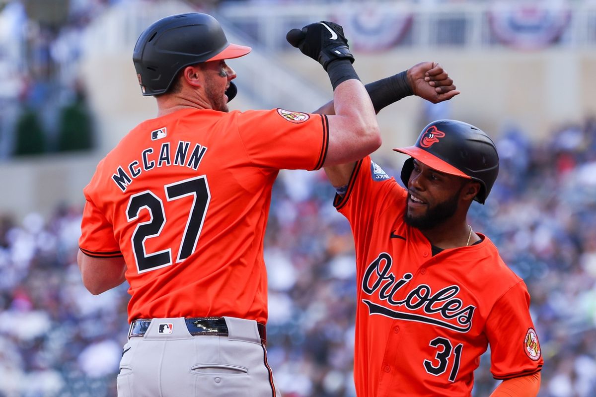Sep 29, 2024; Minneapolis, Minnesota, USA; Baltimore Orioles catcher James McCann (27) celebrates his three-run home run with center fielder Cedric Mullins (31) during the fifth inning against the Minnesota Twins at Target Field. Mandatory Credit: Matt Krohn-Imagn Images
