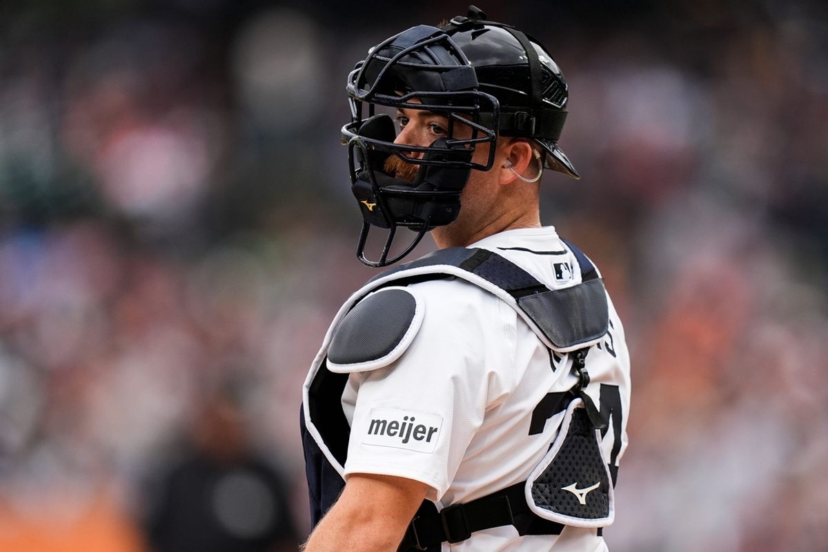 Detroit Tigers catcher Jake Rogers (34) looks back at the dugout during the second inning against Chicago White Sox at Comerica Park in Detroit on Sunday, Sept. 29, 2024.