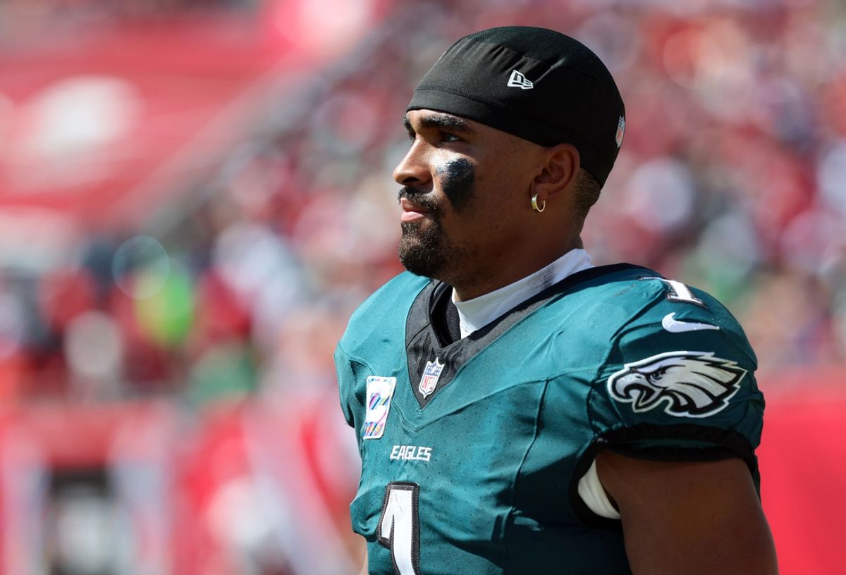 Sep 29, 2024; Tampa, Florida, USA; Philadelphia Eagles quarterback Jalen Hurts (1) looks on against the Tampa Bay Buccaneers during the second half at Raymond James Stadium. Mandatory Credit: Kim Klement Neitzel-Imagn Images