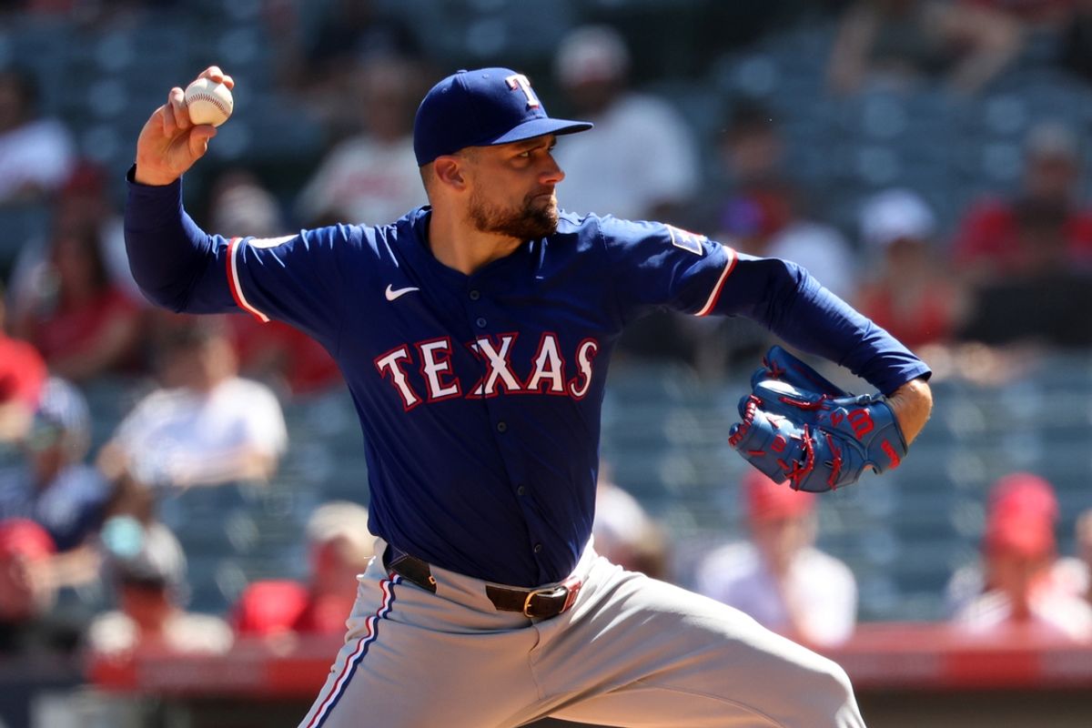 Sep 29, 2024; Anaheim, California, USA;  Texas Rangers starting pitcher Nathan Eovaldi (17) pitches during the third inning against the Los Angeles Angels at Angel Stadium. Mandatory Credit: Kiyoshi Mio-Imagn Images