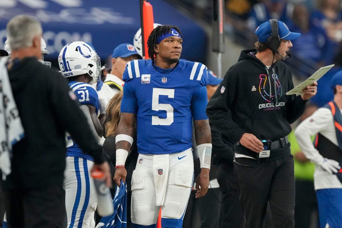 Indianapolis Colts quarterback Anthony Richardson (5) walks the sidelines Sunday, Sept. 29, 2024, during a game against the Pittsburgh Steelers at Lucas Oil Stadium in Indianapolis.