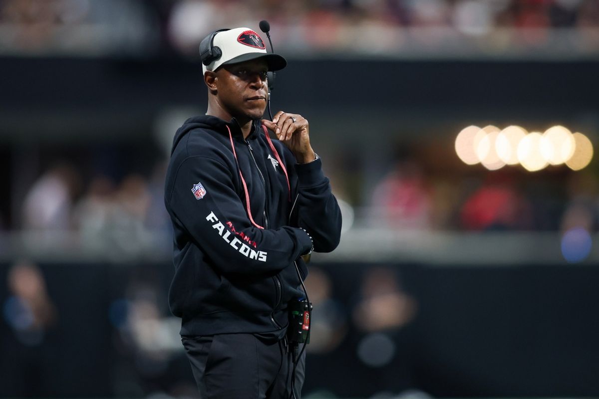 Sep 29, 2024; Atlanta, Georgia, USA; Atlanta Falcons head coach Raheem Morris on the sideline against the New Orleans Saints in the fourth quarter at Mercedes-Benz Stadium. Mandatory Credit: Brett Davis-Imagn Images