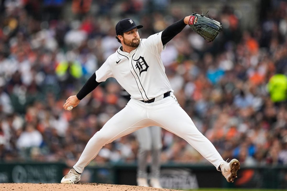 Detroit Tigers pitcher Casey Mize (12) delivers a pitch against Chicago White Sox during the fifth inning at Comerica Park in Detroit on Sunday, Sept. 29, 2024.
