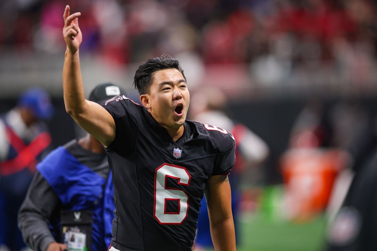 Sep 29, 2024; Atlanta, Georgia, USA; Atlanta Falcons place kicker Younghoe Koo (6) celebrates after a victory over the New Orleans Saints at Mercedes-Benz Stadium. Mandatory Credit: Brett Davis-Imagn Images