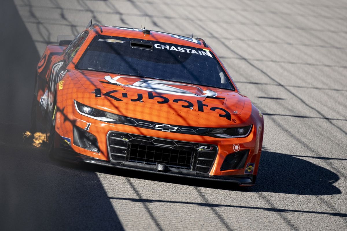 Sep 29, 2024; Kansas City, Kansas, USA; NASCAR Cup Series driver Ross Chastain (1) races during the Hollywood Casino 400 at Kansas Speedway. Mandatory Credit: Amy Kontras-Imagn Images