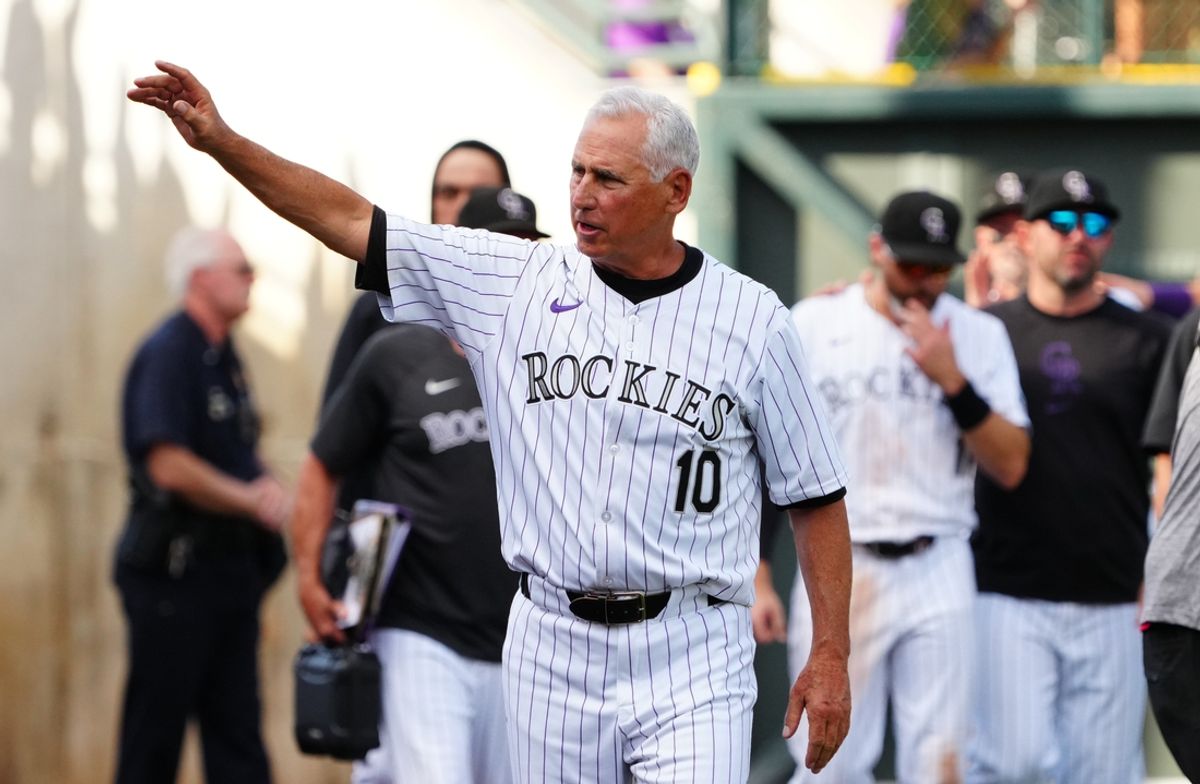 Sep 29, 2024; Denver, Colorado, USA; Colorado Rockies manager Bud Black (10) waves to fans following the loss to the Los Angeles Dodgers at Coors Field. Mandatory Credit: Ron Chenoy-Imagn Images