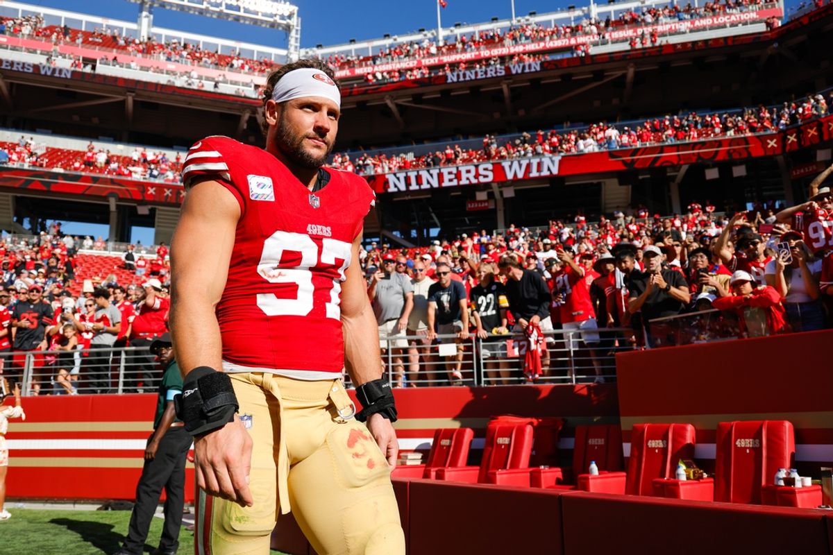 Sep 29, 2024; Santa Clara, California, USA; San Francisco 49ers defensive end Nick Bosa (97) walks off the field after the game against the New England Patriots at Levi's Stadium. Mandatory Credit: Sergio Estrada-Imagn Images