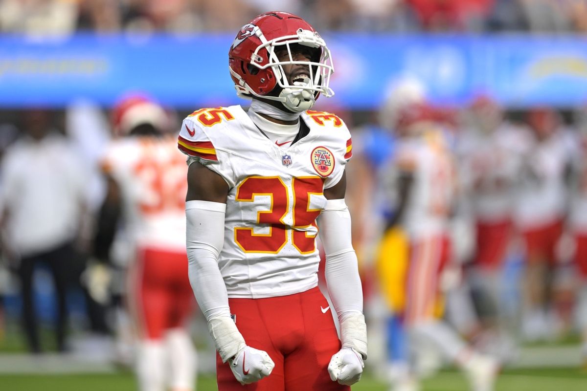 Sep 29, 2024; Inglewood, California, USA;  Kansas City Chiefs cornerback Jaylen Watson (35) celebrates after breaking up a pass for Los Angeles Chargers wide receiver Joshua Palmer (5) in the second half at SoFi Stadium. Mandatory Credit: Jayne Kamin-Oncea-Imagn Images