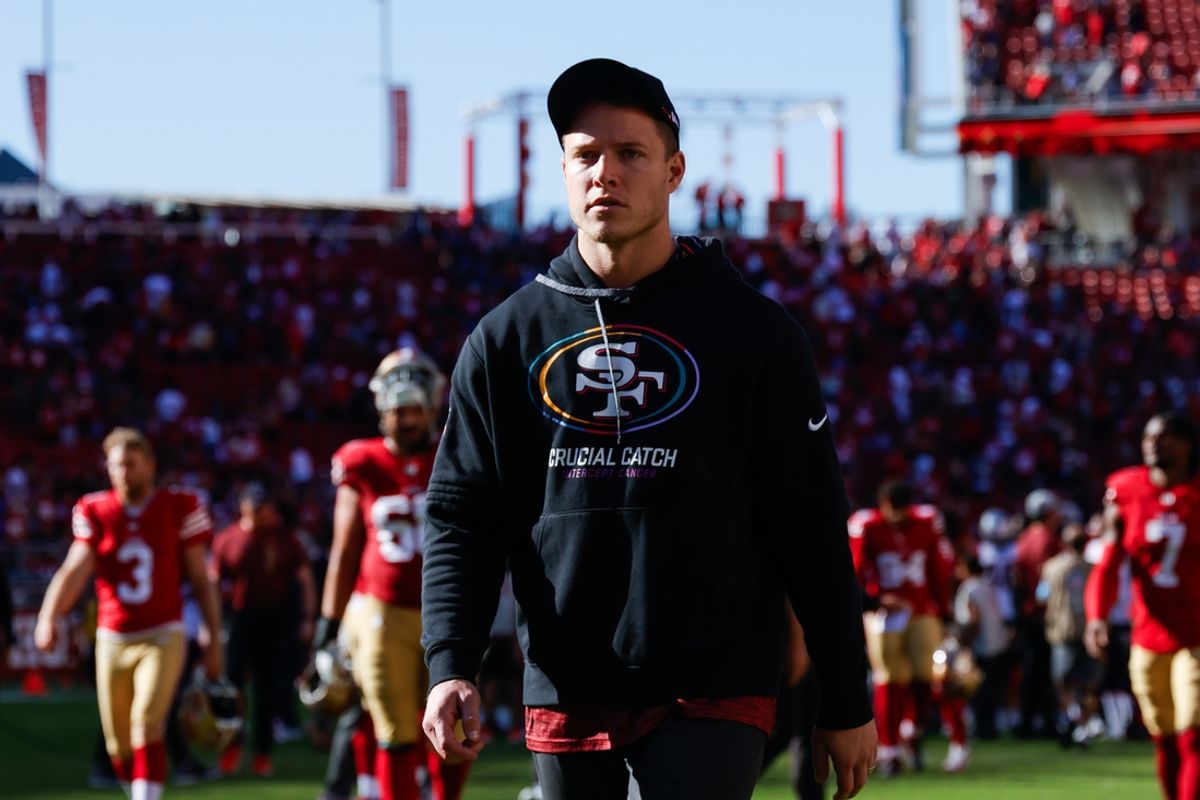 Sep 29, 2024; Santa Clara, California, USA; San Francisco 49ers running back Christian McCaffrey (23) walks off the field after the game against the New England Patriots at Levi's Stadium. Mandatory Credit: Sergio Estrada-Imagn Images