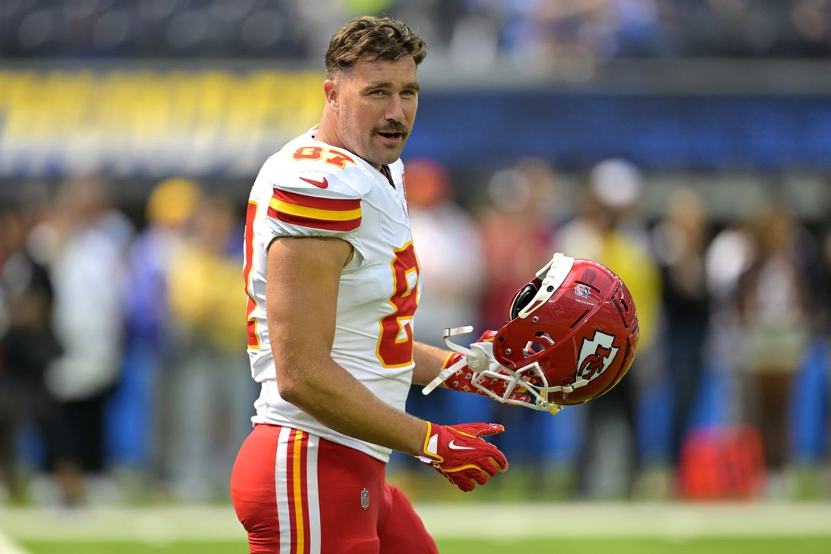 Sep 29, 2024; Inglewood, California, USA;  Kansas City Chiefs tight end Travis Kelce (87) looks on prior to the game against the Los Angeles Chargers at SoFi Stadium. Mandatory Credit: Jayne Kamin-Oncea-Imagn Images