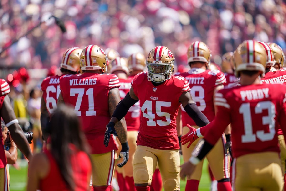 Sep 29, 2024; Santa Clara, California, USA; San Francisco 49ers linebacker Demetrius Flannigan-Fowles (45) is introduced before the start of the game against the New England Patriots at Levi's Stadium. Mandatory Credit: Neville E. Guard-Imagn Images