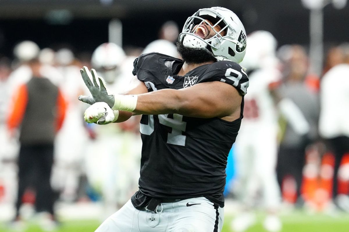 Sep 29, 2024; Paradise, Nevada, USA; Las Vegas Raiders defensive tackle Christian Wilkins (94) celebrates after getting a sack against the Cleveland Browns during the third quarter at Allegiant Stadium. Mandatory Credit: Stephen R. Sylvanie-Imagn Images