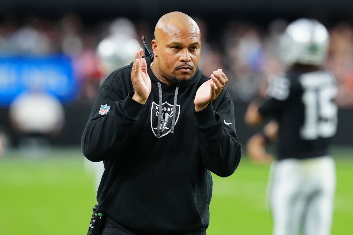 Sep 29, 2024; Paradise, Nevada, USA; Las Vegas Raiders head coach Antonio Pierce applauds the effort of his team against the Cleveland Browns during the third quarter at Allegiant Stadium. Mandatory Credit: Stephen R. Sylvanie-Imagn Images