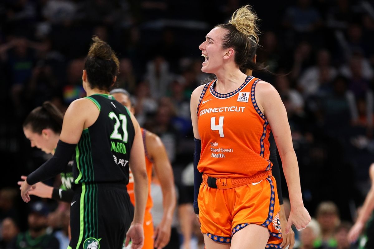 Sep 29, 2024; Minneapolis, Minnesota, USA; Connecticut Sun guard Marina Mabrey (4) celebrates during the second half against the Minnesota Lynx of game one of the 2024 WNBA Semi-finals at Target Center. Mandatory Credit: Matt Krohn-Imagn Images