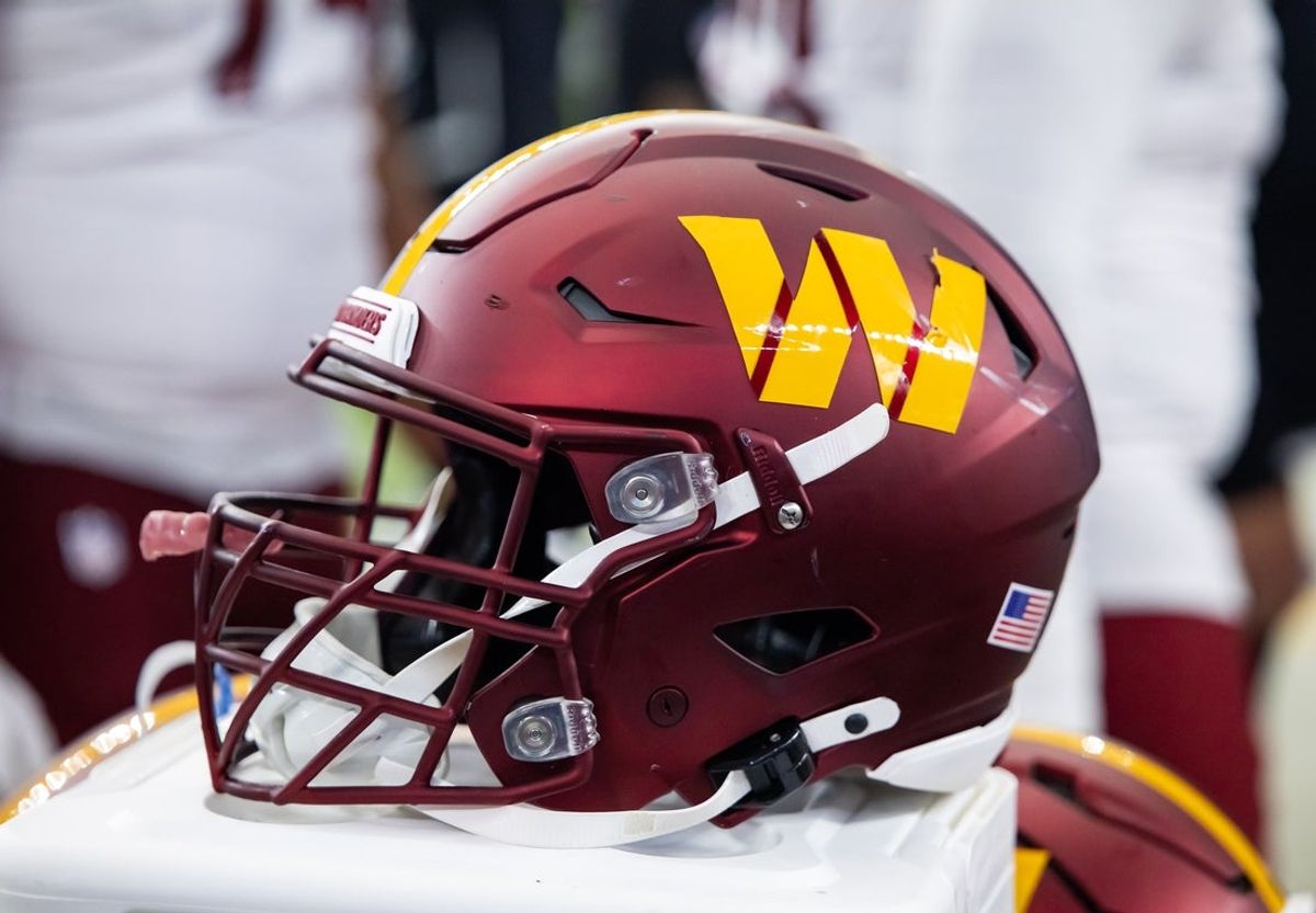 Sep 29, 2024; Glendale, Arizona, USA; Detailed view of a Washington Commanders helmet at State Farm Stadium. Mandatory Credit: Mark J. Rebilas-Imagn Images