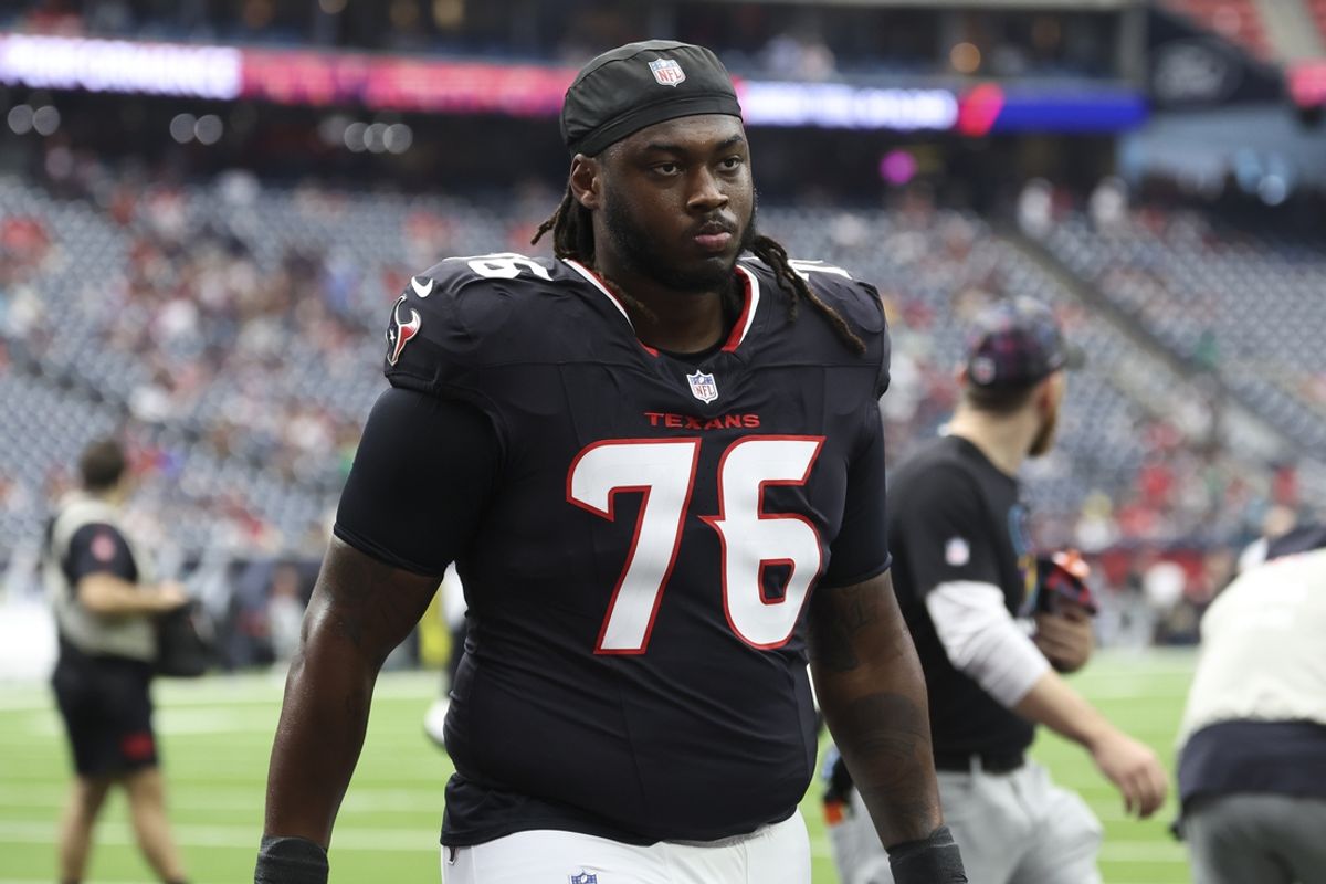 Sep 29, 2024; Houston, Texas, USA; Houston Texans guard Kenyon Green (76) during the game against the Jacksonville Jaguars at NRG Stadium. Mandatory Credit: Troy Taormina-Imagn Images