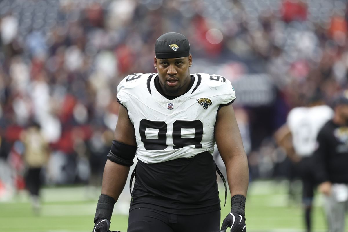 Sep 29, 2024; Houston, Texas, USA; Jacksonville Jaguars defensive tackle Jeremiah Ledbetter (99) after the game against the Houston Texans at NRG Stadium. Mandatory Credit: Troy Taormina-Imagn Images