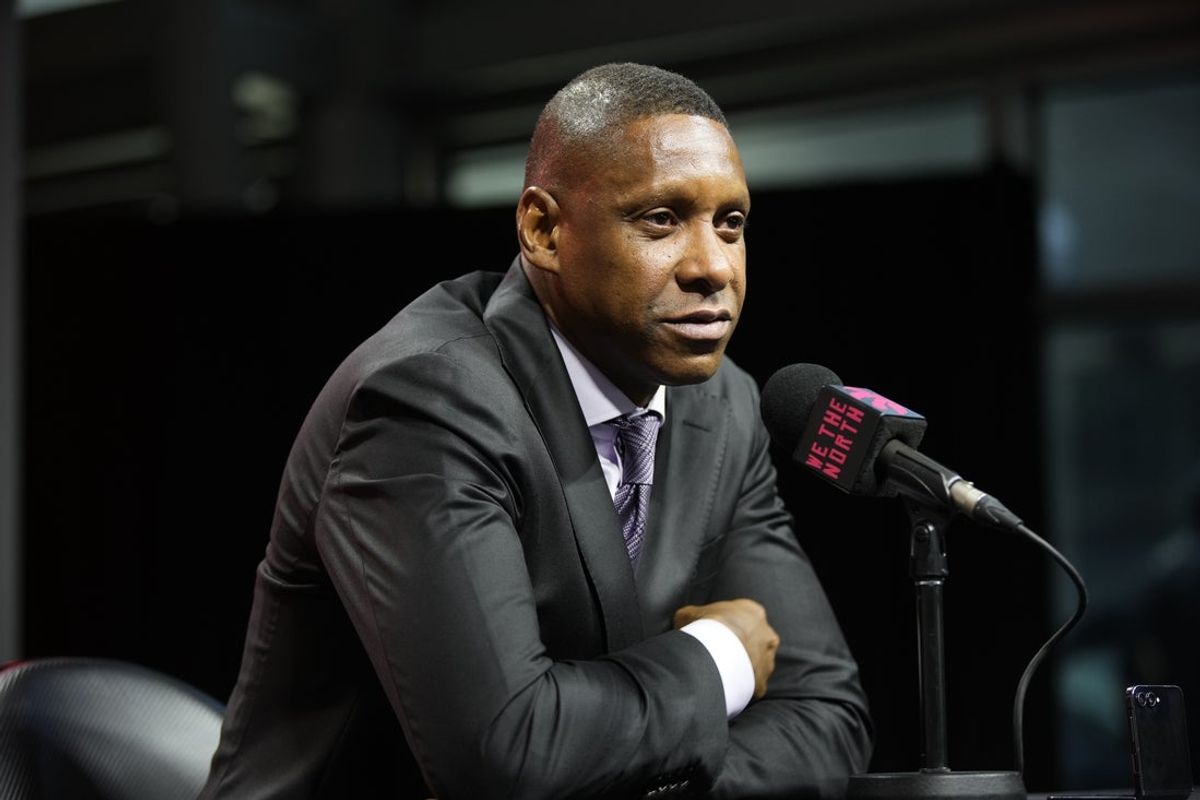 Sep 30, 2024; Toronto, Ontario, Canada; Toronto Raptors Vice-Chairman and Team President Masai Ujiri speaks to the media during media day at Scotiabank Area. Mandatory Credit: John E. Sokolowski-Imagn Images