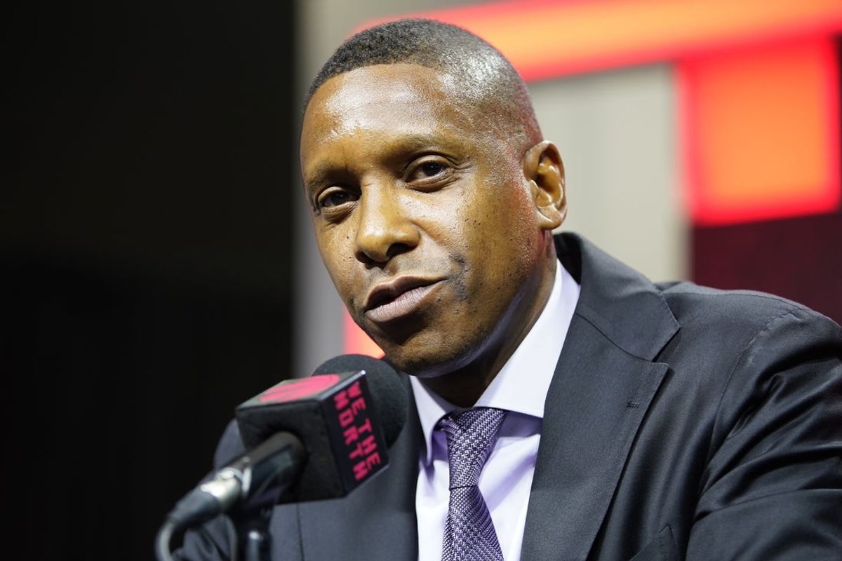 Sep 30, 2024; Toronto, Ontario, Canada; Toronto Raptors vice chairman and team president Masai Ujiri talks to the media during media day at Scotiabank Area. Mandatory Credit: John E. Sokolowski-Imagn Images