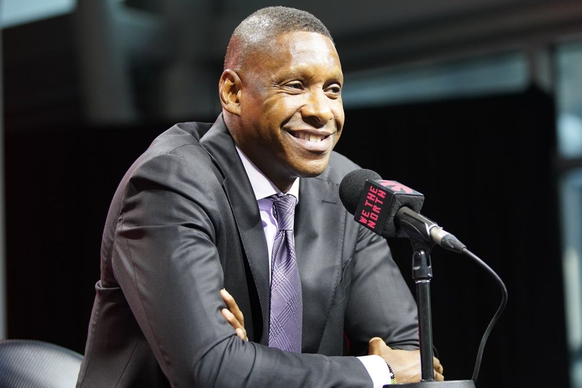 Sep 30, 2024; Toronto, Ontario, Canada; Toronto Raptors vice chairman and team president Masai Ujiri  talks to the media during media day at Scotiabank Area. Mandatory Credit: John E. Sokolowski-Imagn Images