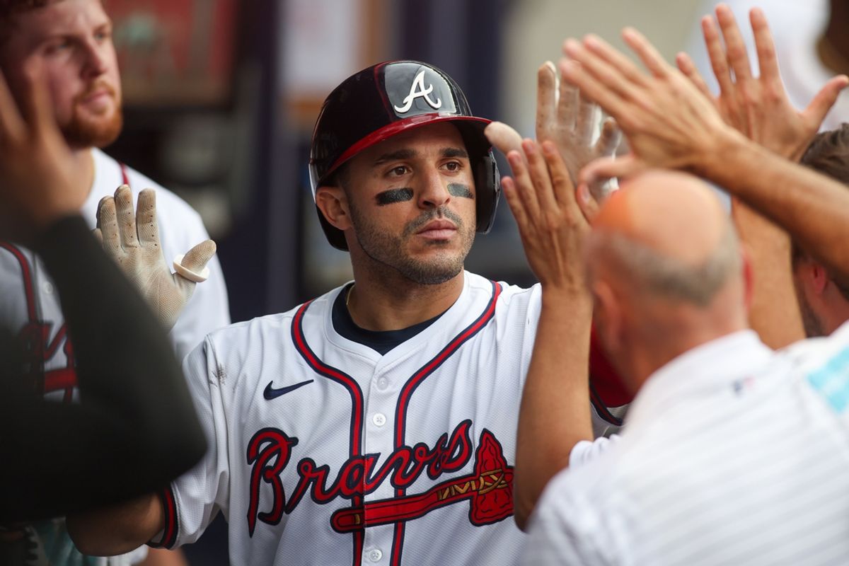 Sep 30, 2024; Atlanta, Georgia, USA; Atlanta Braves left fielder Ramon Laureano (18) celebrates with teammates after a home run against the New York Mets in the sixth inning at Truist Park. Mandatory Credit: Brett Davis-Imagn Images