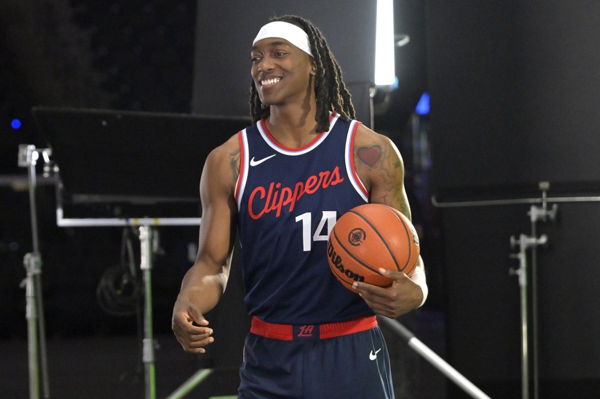 Sep 30, 2024; Inglewood, CA, USA;  Los Angeles Clippers guard Terance Mann (14) is filmed during media day at Intuit Dome. Mandatory Credit: Jayne Kamin-Oncea-Imagn Images