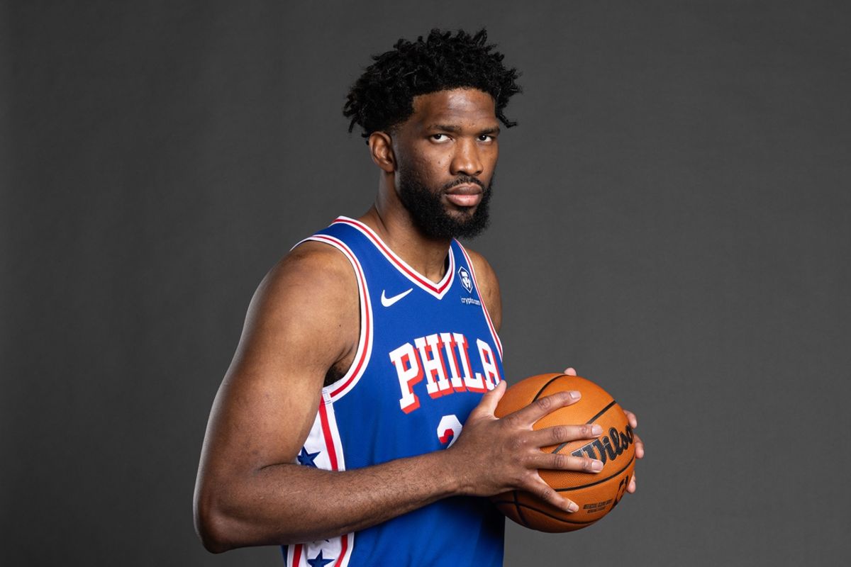 Sep 30, 2024; Camden, NJ, USA; Philadelphia 76ers center Joel Embiid (21) poses for a photo on media day at the Philadelphia 76ers Training Complex. Mandatory Credit: Bill Streicher-Imagn Images