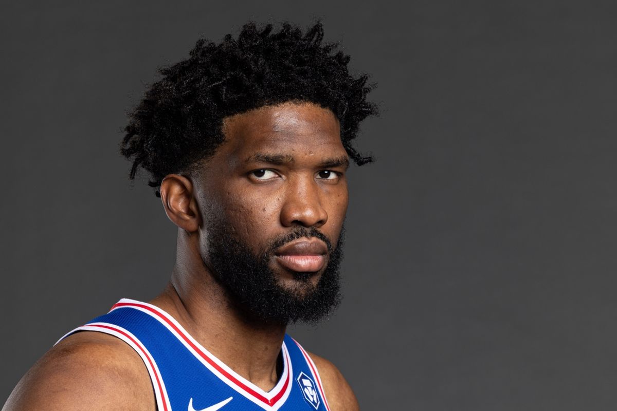 Sep 30, 2024; Camden, NJ, USA; Philadelphia 76ers center Joel Embiid (21) poses for a photo on media day at the Philadelphia 76ers Training Complex. Mandatory Credit: Bill Streicher-Imagn Images