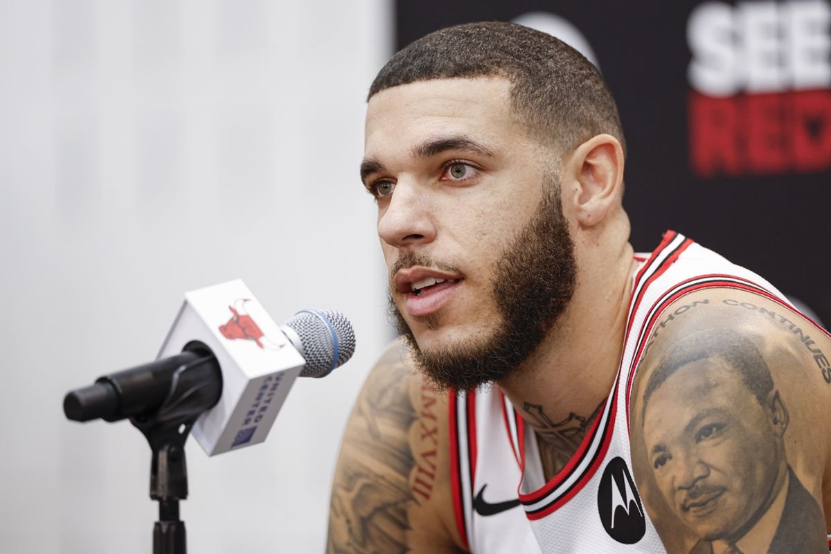 Sep 30, 2024; Chicago, Il, USA; Chicago Bulls guard Lonzo Ball (2) speaks to the press during Media Day. Mandatory Credit: Kamil Krzaczynski-Imagn Images