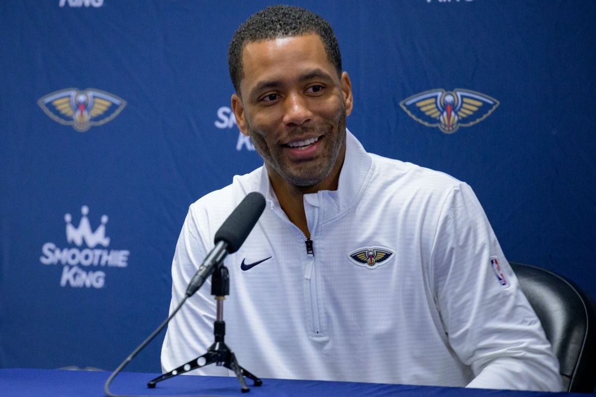 Sep 30, 2024; New Orleans, LA, USA; New Orleans Pelicans general manager Bryson Graham takes part in Pelicans Media Day at the Smoothie King Center. Mandatory Credit: Matthew Hinton-Imagn Images