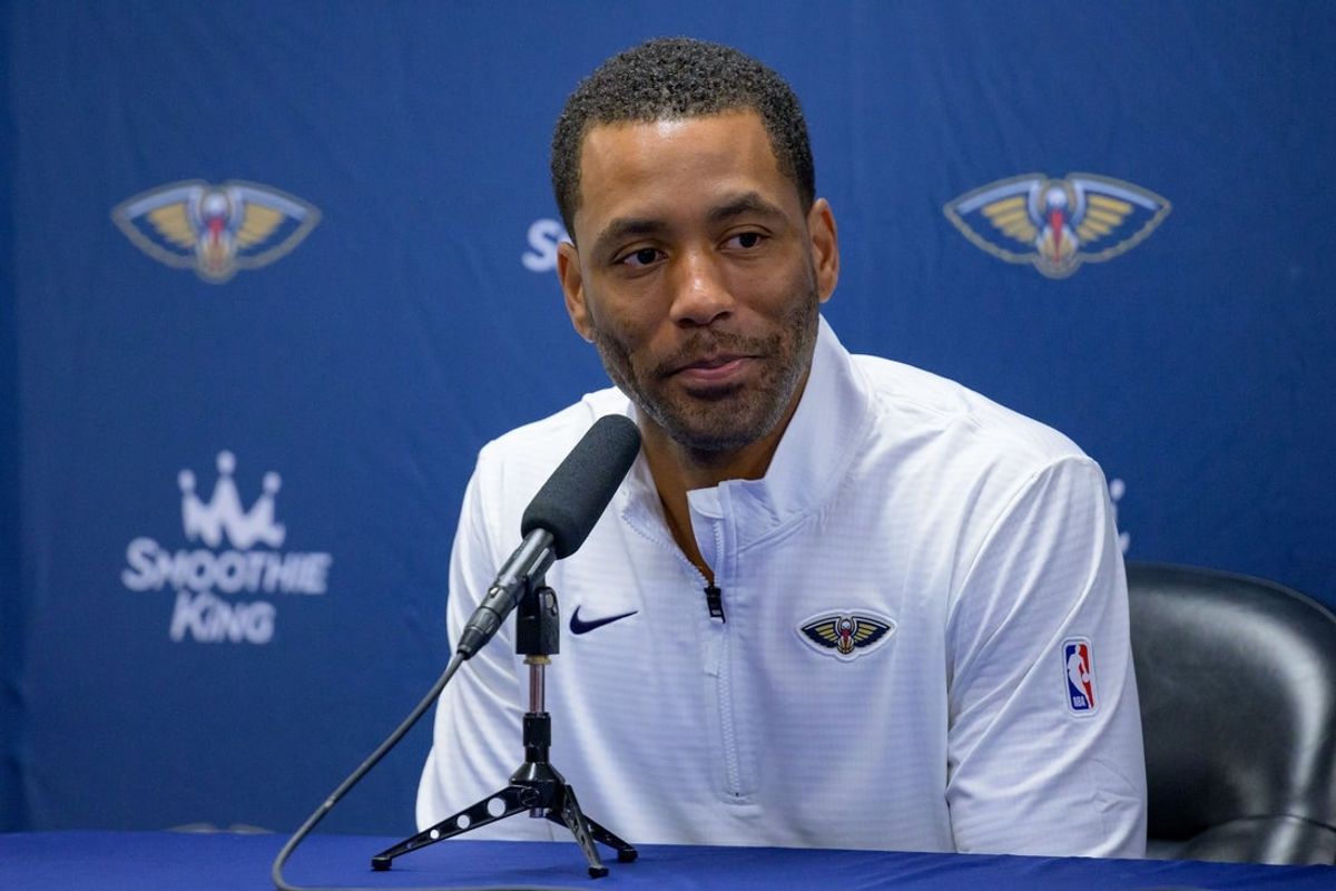 Sep 30, 2024; New Orleans, LA, USA; New Orleans Pelicans general manager Bryson Graham takes part in Pelicans Media Day at the Smoothie King Center. Mandatory Credit: Matthew Hinton-Imagn Images