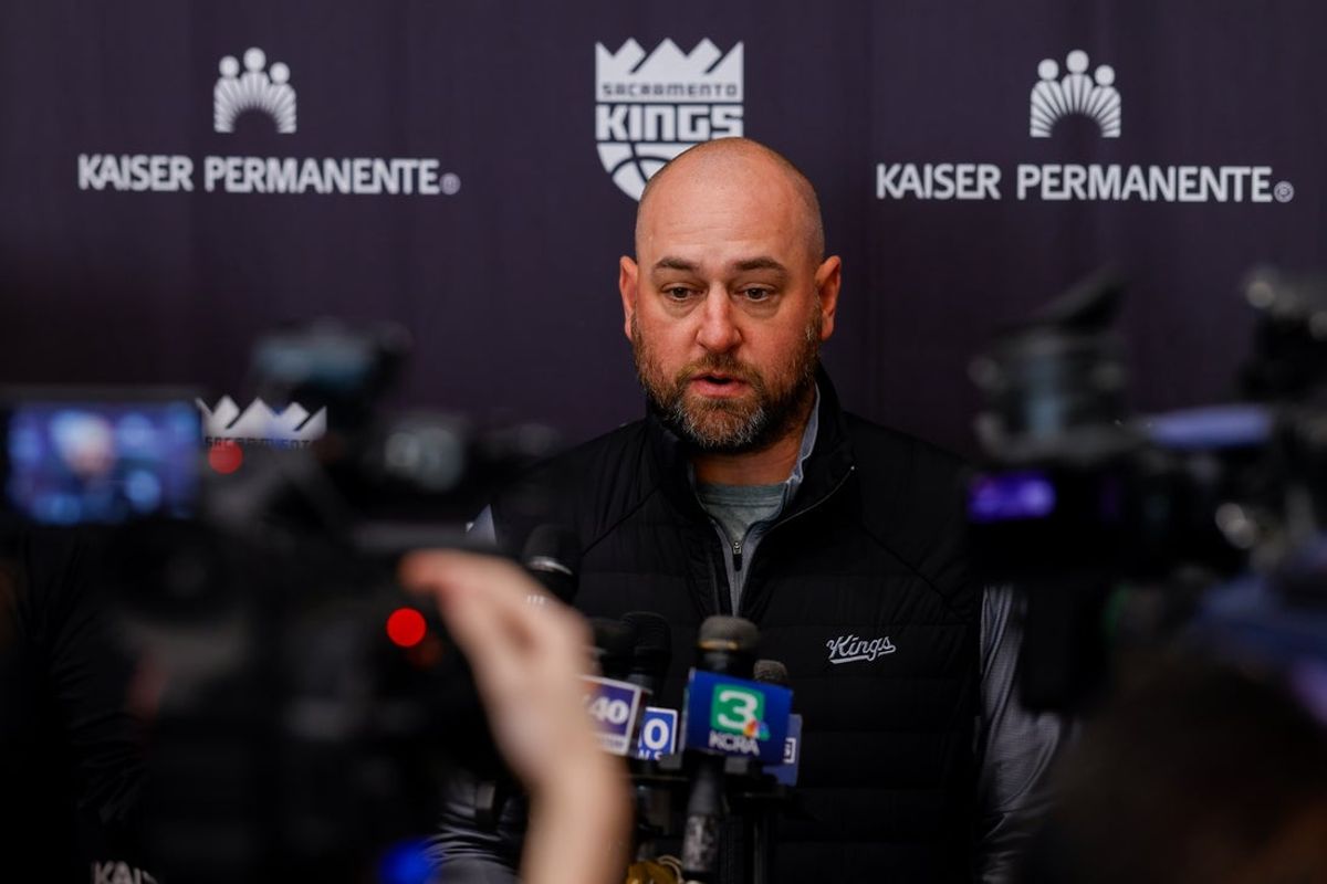 Sep 30, 2024; Sacramento, CA, USA; Sacramento Kings general manager Monte McNair during media day at Golden 1 Center. Mandatory Credit: Sergio Estrada-Imagn Images
