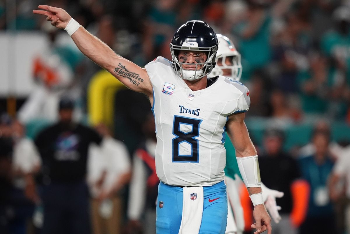 Sep 30, 2024; Miami Gardens, Florida, USA; Tennessee Titans quarterback Will Levis (8) reacts after a first down during the first half against the Miami Dolphins at Hard Rock Stadium. Mandatory Credit: Jasen Vinlove-Imagn Images