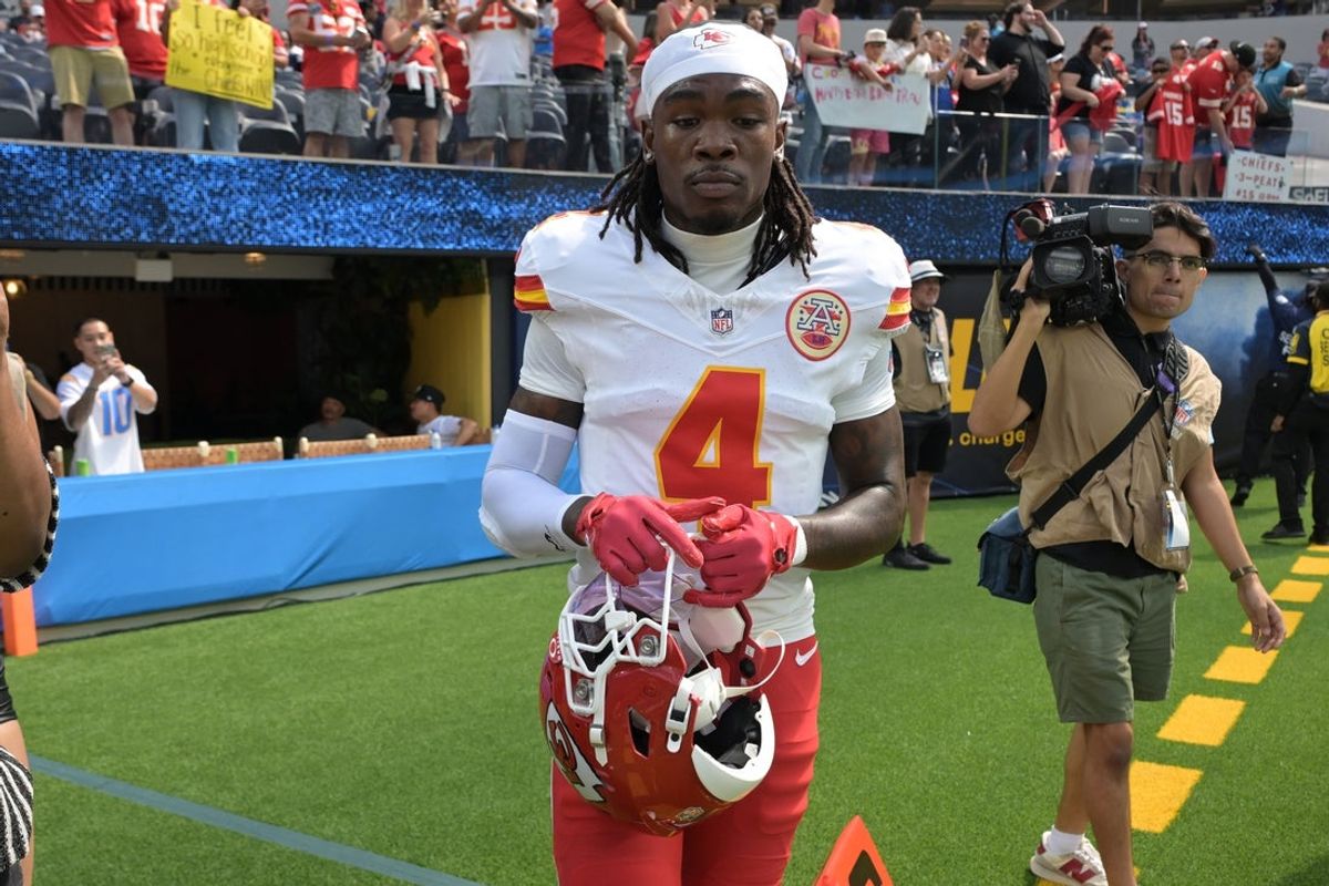 Sep 29, 2024; Inglewood, California, USA;  Kansas City Chiefs wide receiver Rashee Rice (4) leaves the field following the game against the Los Angeles Chargers at SoFi Stadium. Mandatory Credit: Jayne Kamin-Oncea-Imagn Images