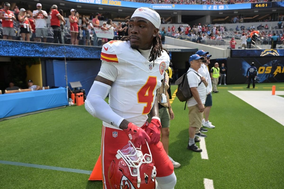 Sep 29, 2024; Inglewood, California, USA;  Kansas City Chiefs wide receiver Rashee Rice (4) leaves the field following the game against the Los Angeles Chargers at SoFi Stadium. Mandatory Credit: Jayne Kamin-Oncea-Imagn Images